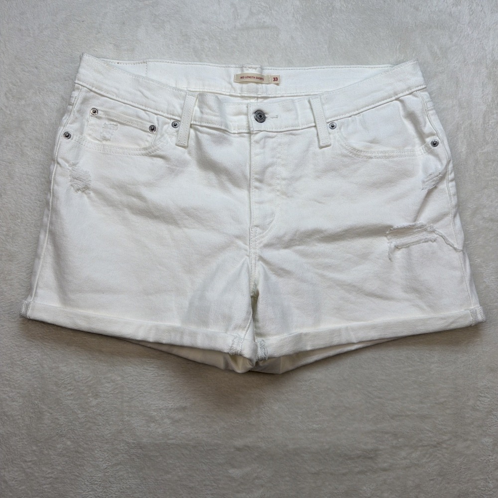 Levis White Denim Shorts Womens 33 Mid Length Cutoff Jean Shorts Summer Casual